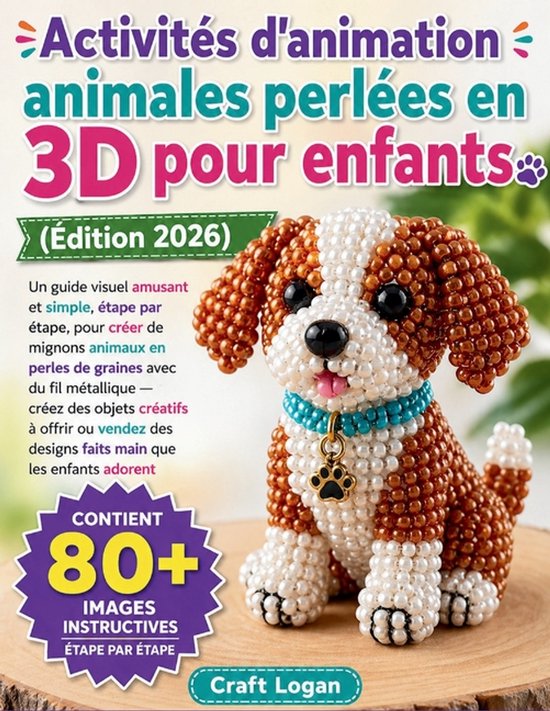 Boek met 3D-dierenkralenactiviteiten voor kinderen, met een schattige hond gemaakt van bruine en witte kralen.