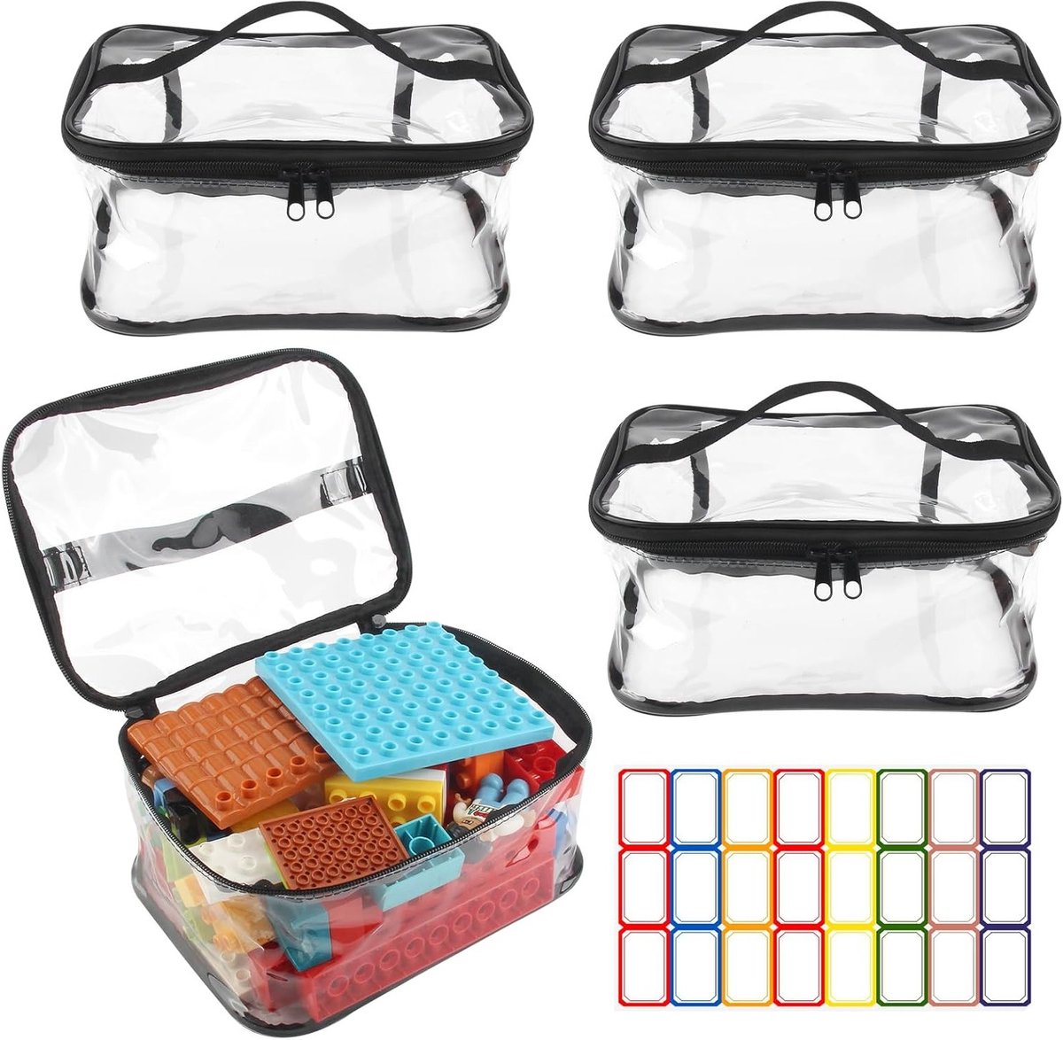 4 Stuks Duidelijke PVC Opbergzakken met Rits en Naamlabel - Waterdichte Organizer voor Speelgoed, Bouwblokken, Puzzels en Kleine Modellen