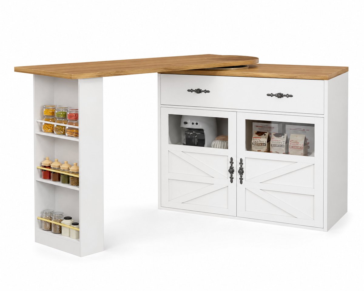 CINK Lux® Uitschuifbare Bartafel 360° Draaibaar – Keukeneiland met Opbergruimte, Lade & Schappen – Moderne Bar/ Eettafel 138-204 cm – Wit