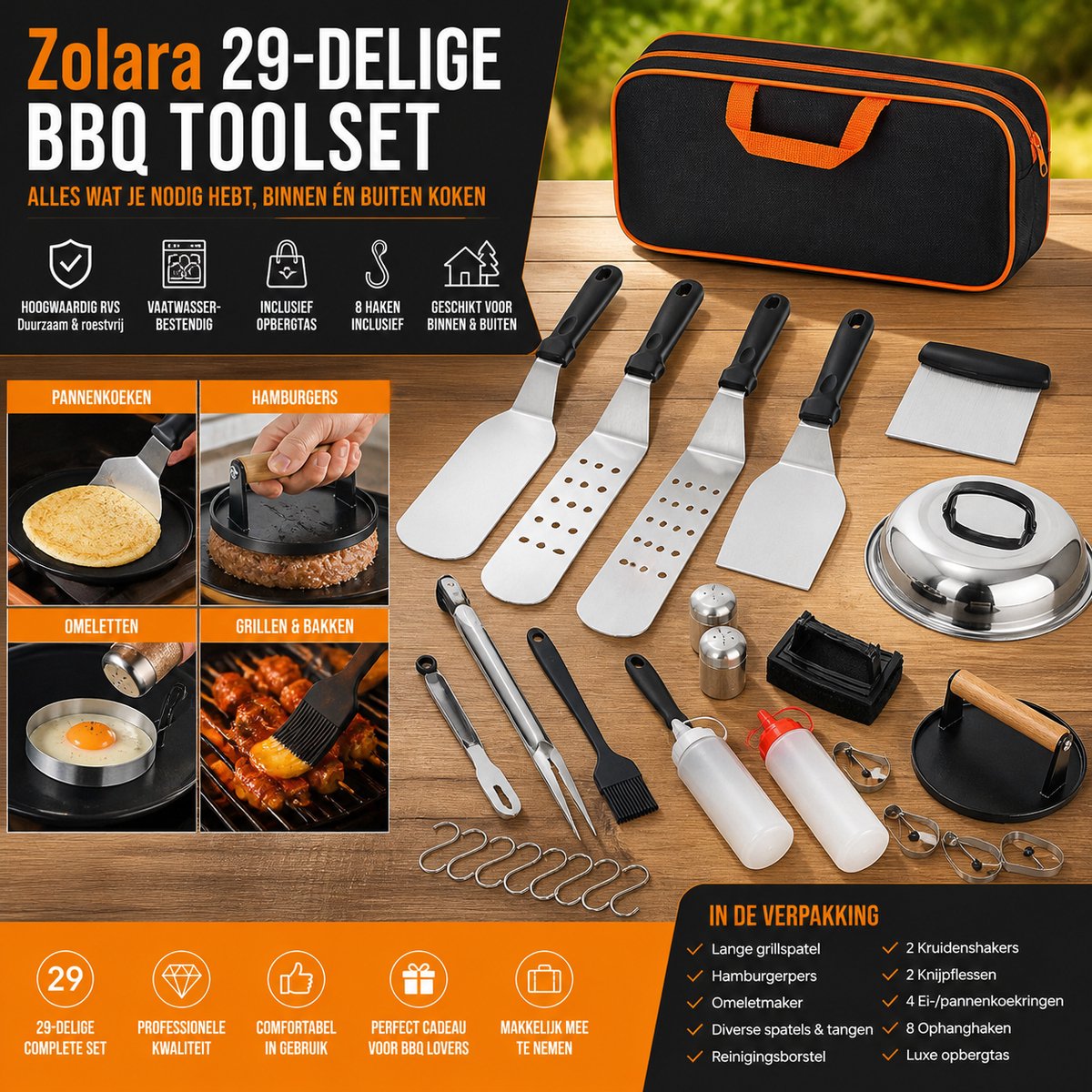 Zolara 29-delige BBQ Toolset - Ultiem vaderdagcadeau - Vaderdagtip - Complete RVS Barbecue Gereedschap Set - Voor Binnen & Buiten Koken - BBQset - Grillset - Barbecuegereedschapset - Glamping