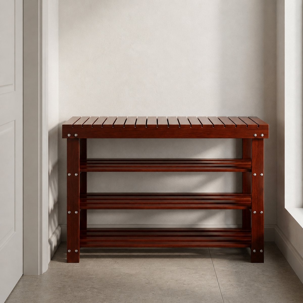 3-Laags Massief Houten Schoenenbank met Zitfunctie – Schoenenrek & Schoenwisselkruk in Eén – Compact Stofdicht Schoenenrek voor Hal & Entree – 29x54x70 cm | Ganeey