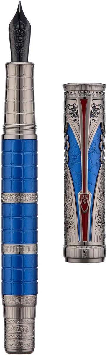 Retro Chinese Vulpen met Medium Nib en Converter, Blauw, Qin Dynastie Totem, Luxe Schrijfgereedschap en Cadeauset