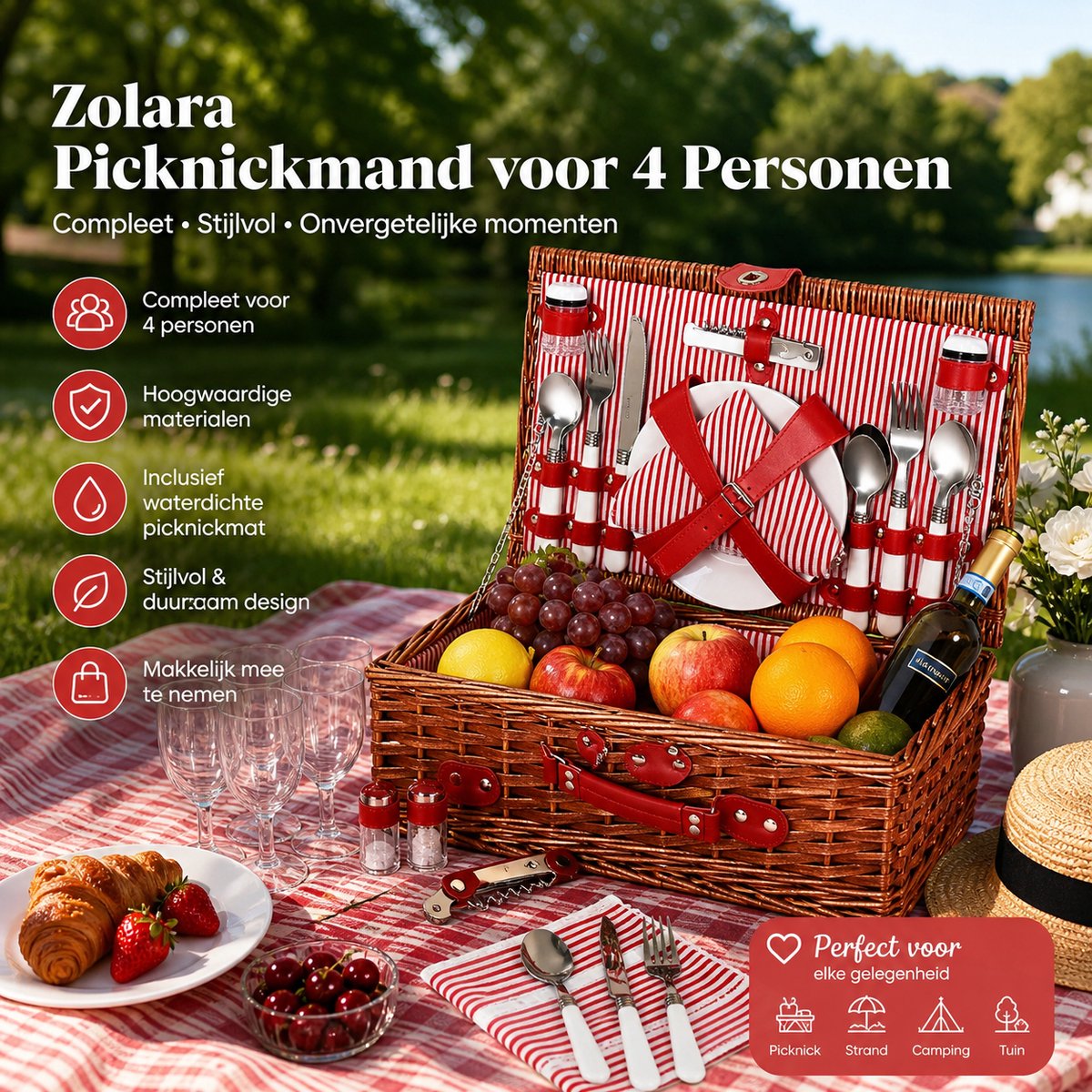 Zolara Luxe Picknickmand voor 4 Personen - Complete Picknickset met Koelvak & Waterdichte Picknickmat - Stijlvolle Wicker Mand inclusief Servies en Accessoires - Vaderdagcadeau - Vaderdagtip - Glamping