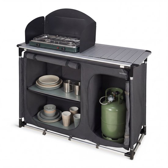 TRVLMORE Campingkeuken - Campingkast - Werkblad met Uitneembare Wasbak - 70KG Draagvermogen - 48x120x83CM - Windscherm - Grijs