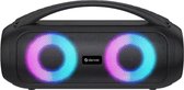 Zwarte Denver speaker met draaghendel. Twee woofers met roze en blauwe lichteffecten.