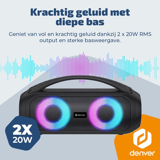 Zwarte Denver speaker met twee ronde, verlichte woofers. De woofers lichten blauw en roze op. Bovenop zit een draaghendel. Ernaast staat 2x 20W.