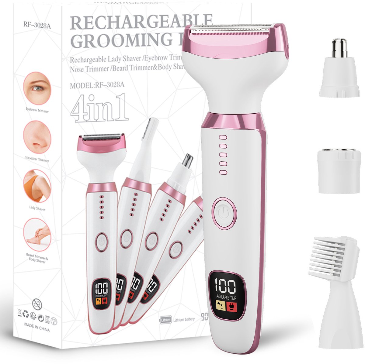 Elektrisch scheerapparaat voor vrouwen, bikini-trimmer, 5-in-1 elektrisch scheerapparaat voor vrouwen, nat/droog gezichtsscheerapparaat voor gezicht, neus, wenkbrauwen, armen, oksels, benen