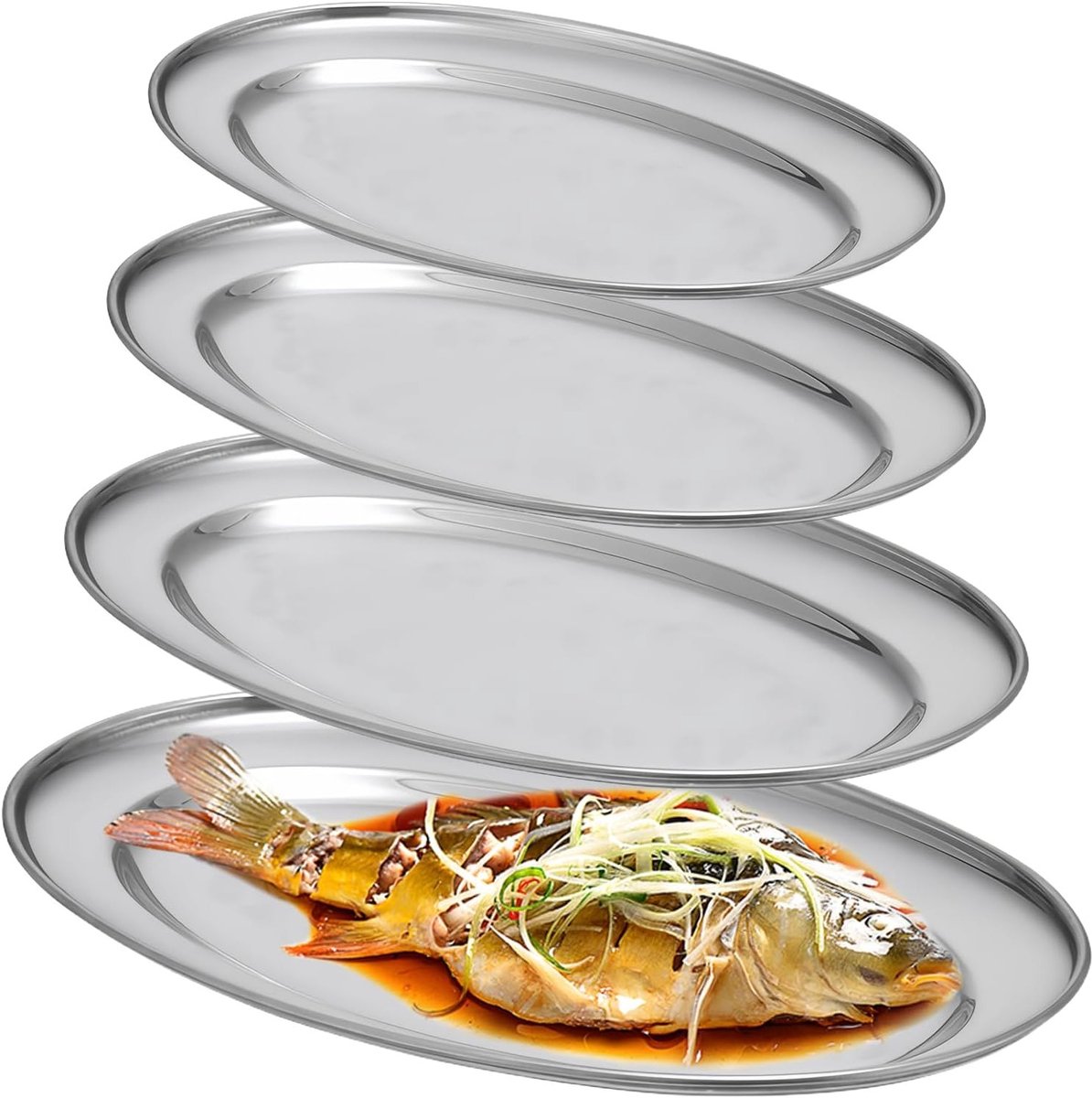 Elegante RVS Ovale Serveerplaten Set van 4 Stuks voor Vlees, Groenten en Visgerechten - Id