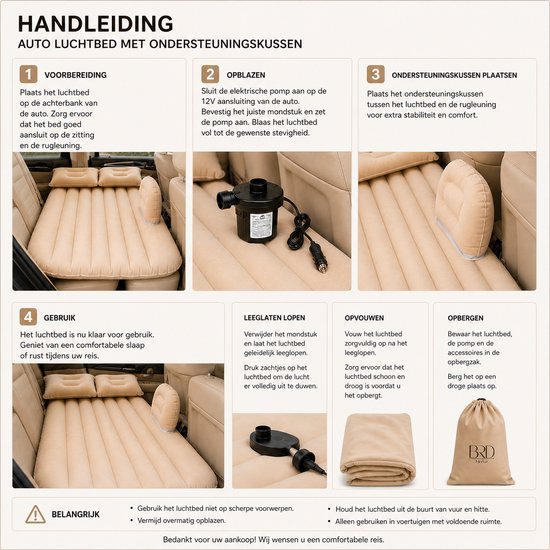 BRD® Auto Luchtbed Beige - Achterbank 12V Pomp 2 Kussens Matras 78 cm — afbeelding 5