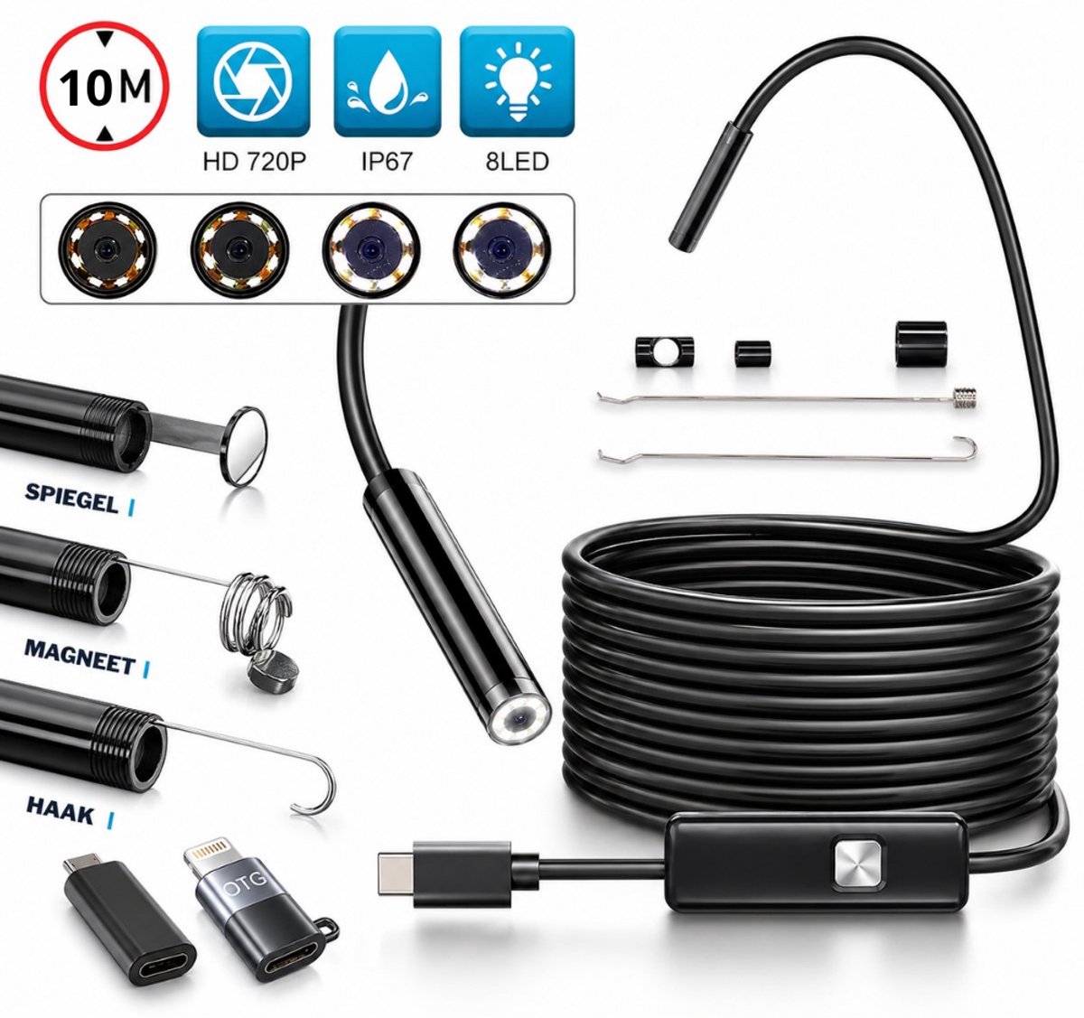 Endoscoop - geschikt voor USB-C en Lightning Smartphones - Inspectiecamera - Inspectiegereedschap - 8mm kop - flexibele HD - 10M kabel - waterproof - 8 LED Verlichting