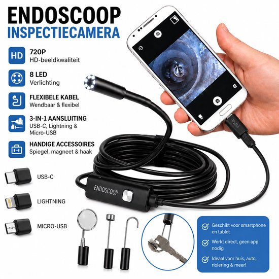 Endoscope - Caméra d'inspection USB - Outillage d'inspection - Tête 8 mm - HD flexible - Câble 5M - waterproof - Siècle des Lumières 8 LED - adapté pour iPhone