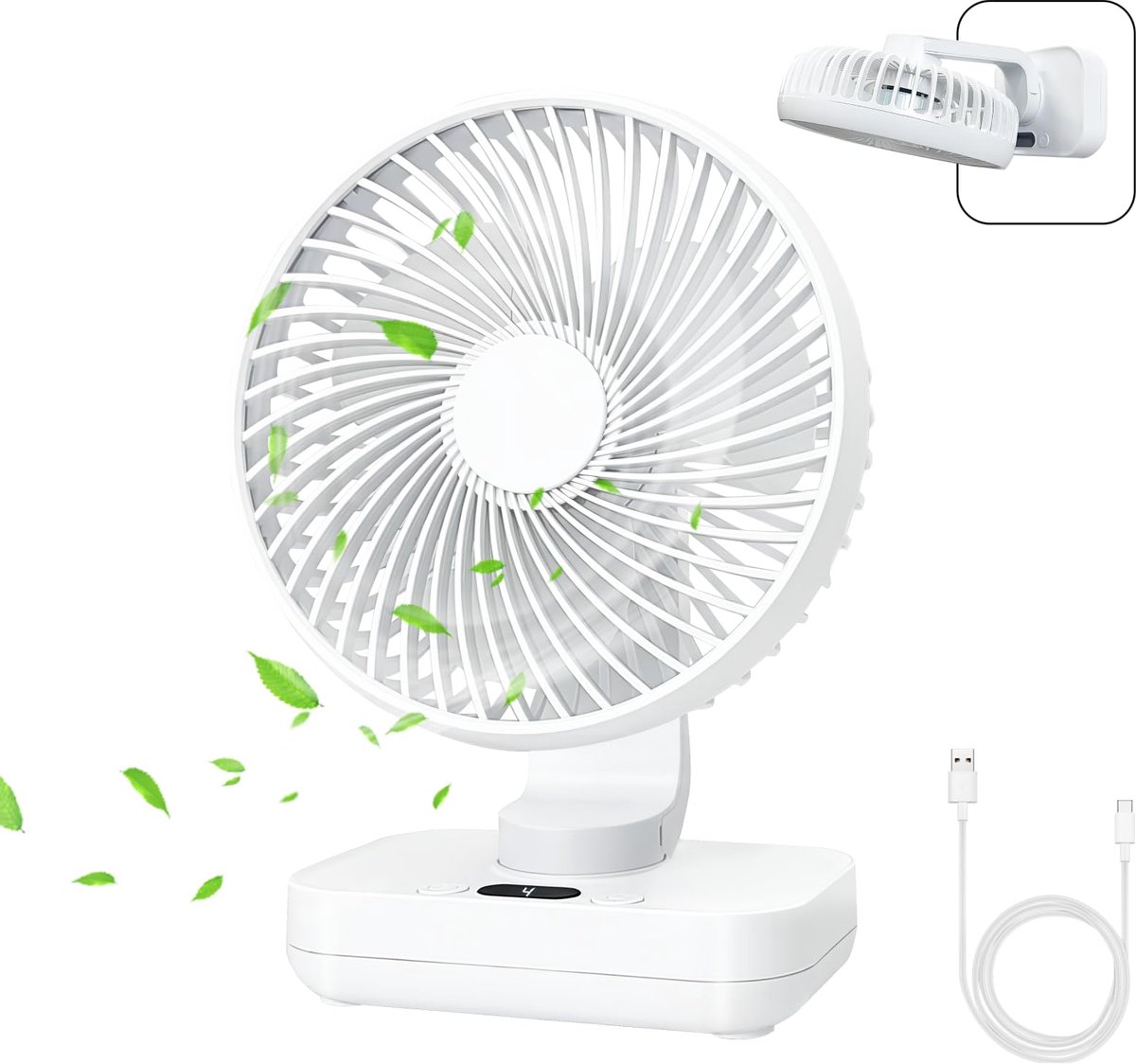 Draagbare Mini USB Ventilator – 4000 mAh - 4 Snelheden - 360° Verstelbaar - Stil (Wit)