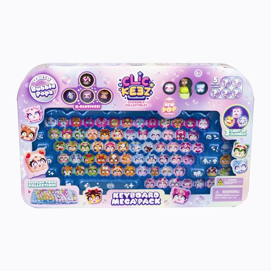 Verpakking van Clickeez Keyboard Mega Pack met een toetsenborddisplay vol met kleurrijke figuurtjes.