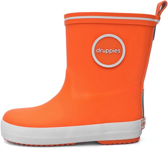 Botte de pluie orange en caoutchouc pour enfant avec semelle blanche, détails réfléchissants et logo "druppies".