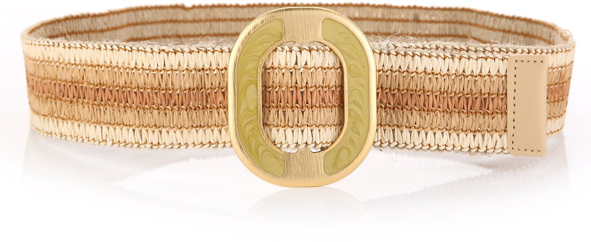 She life style - bruine en beige elastische riem met een gouden ovale gesp - 100 cm
