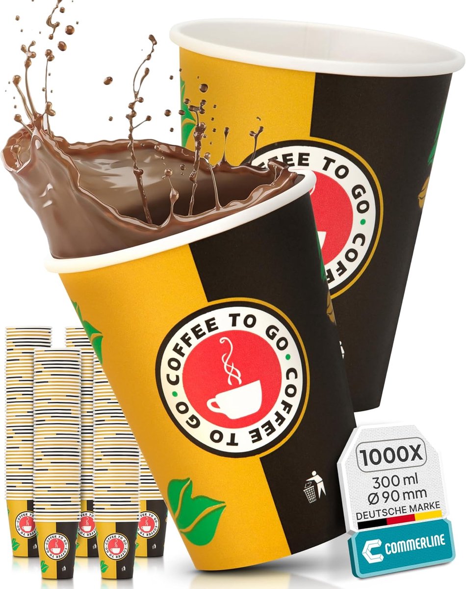 Commerline 200 Stuks Koffiebekers To Go - 12 oz / 300ml - Papieren Wegwerp Bekers