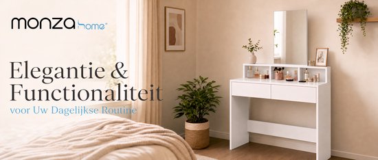 Een witte kaptafel met spiegel, twee lades en drie open vakken, ingericht in een slaapkamer.