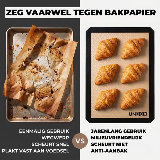 Vergelijking: verbrand, gescheurd bakpapier links tegenover zes goudbruine croissants op een beige bakmat rechts.