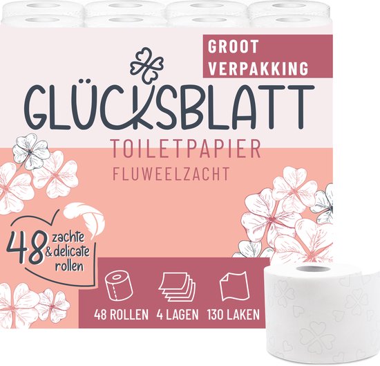 Pack économique de papier toilette Glücksblatt, 48 rouleaux, 4 plis, doux et délicat, avec trèfles et fleurs.