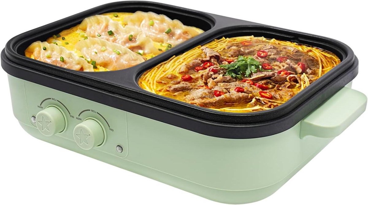 Elektrische Kookpan - Hot Pot Grill - Samen Eten - Dubbele Temperatuurregeling - 1 Liter Capaciteit - Groen Zwart