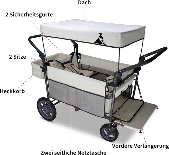 Inklapbare Bolderkar - Handwagen met zitplaatsen - Familie uitstapjes - Met remmen - 120 kg draagkracht - Beige — afbeelding 5