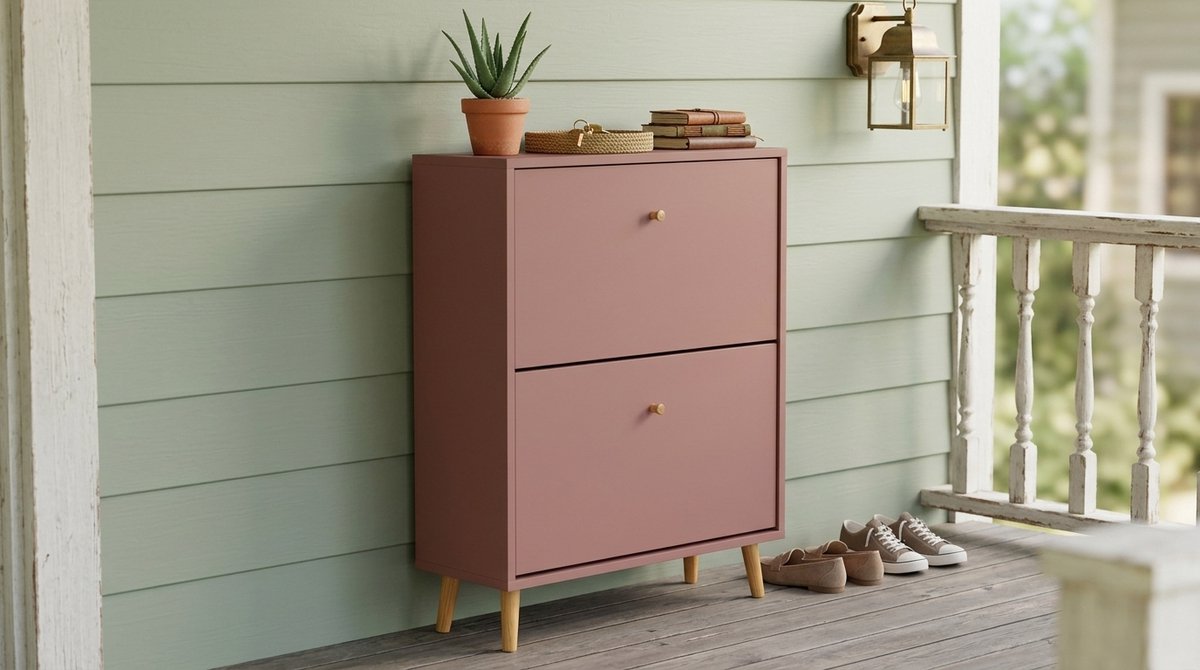 Schoenenkast House&Garden Nordic Mauve – Smalle Schoenopberger met 2 Kleppen – Scandinavische Halkast – Ruimtebesparende Schoenenkast – Houten Poten – Voor 6 Paar Schoenen – 59,8 x 19,5 x 92,2 cm