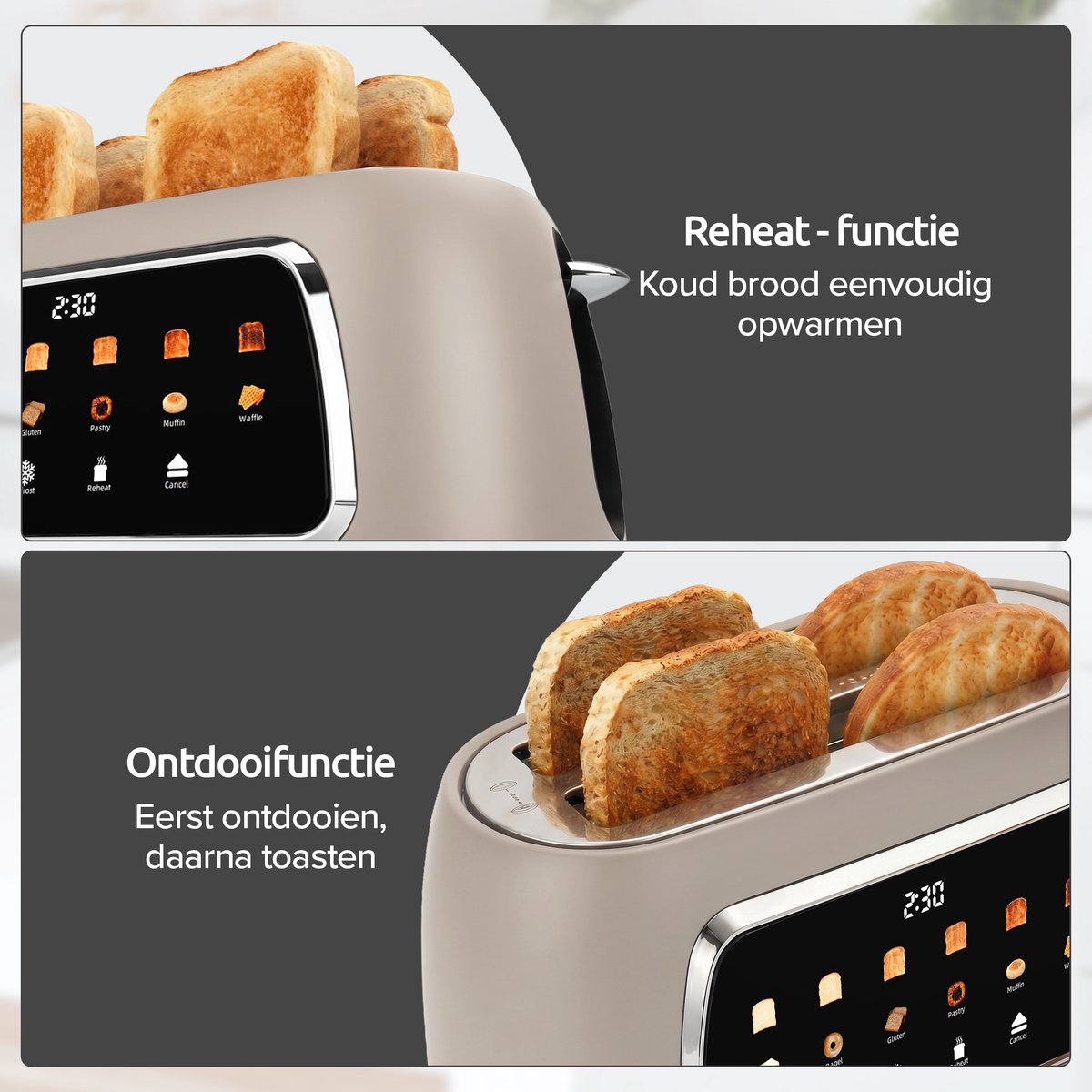 Olvy Broodrooster XL - Lange Sleuven - Timerfunctie - LCD Display - Kruimellade - Toaster - 1500W - Ontdooien & Opwarmen - Beige thumbnail 7