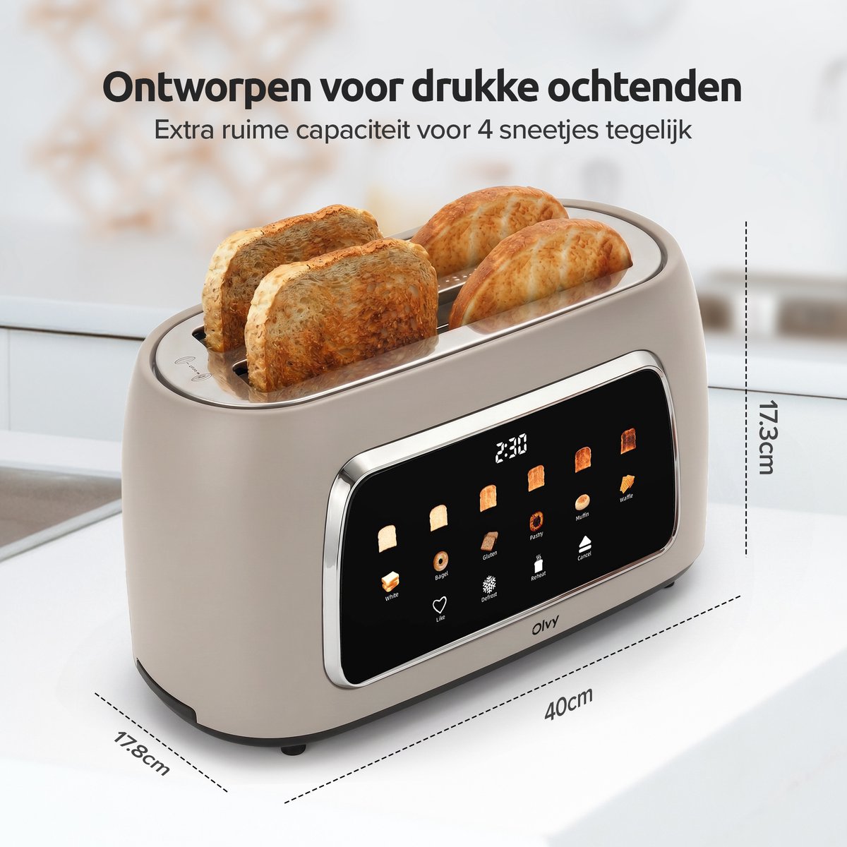 Olvy Broodrooster XL - Lange Sleuven - Timerfunctie - LCD Display - Kruimellade - Toaster - 1500W - Ontdooien & Opwarmen - Beige thumbnail 4
