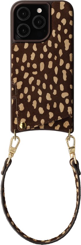 Coque de téléphone marron à imprimé léopard et cordon doré, vue ouverte.