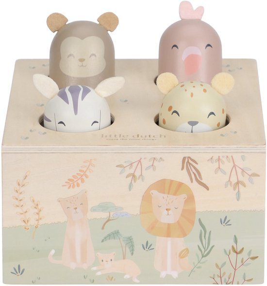 Houten pop-up safari doos met 4 dierenfiguren: aap, flamingo, tijger en luipaard.