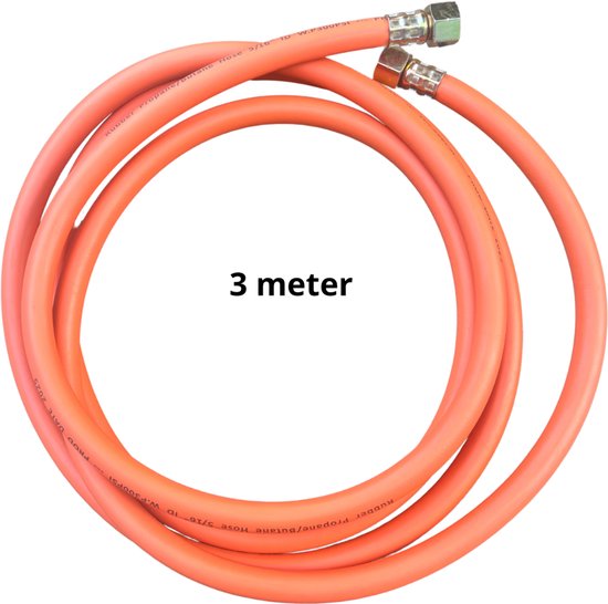 Oranje gasslang van 3 meter, opgerold. Rubber slang, 5/16" ID, W.P.300PSI.