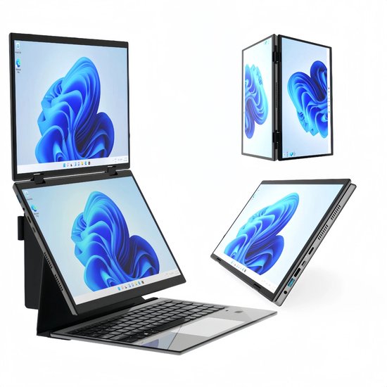 14" + 14" Dual-Screen Yoga Laptop 360° Flipbaar, Intel N100, 32GB DDR4, 1TB SSD, Dual Touch + Stylus, 2.2K IPS 100% sRGB, Aluminium Behuizing, Extern Toetsenbord – Windows 11 - XYLORE - Hoofdafbeelding
