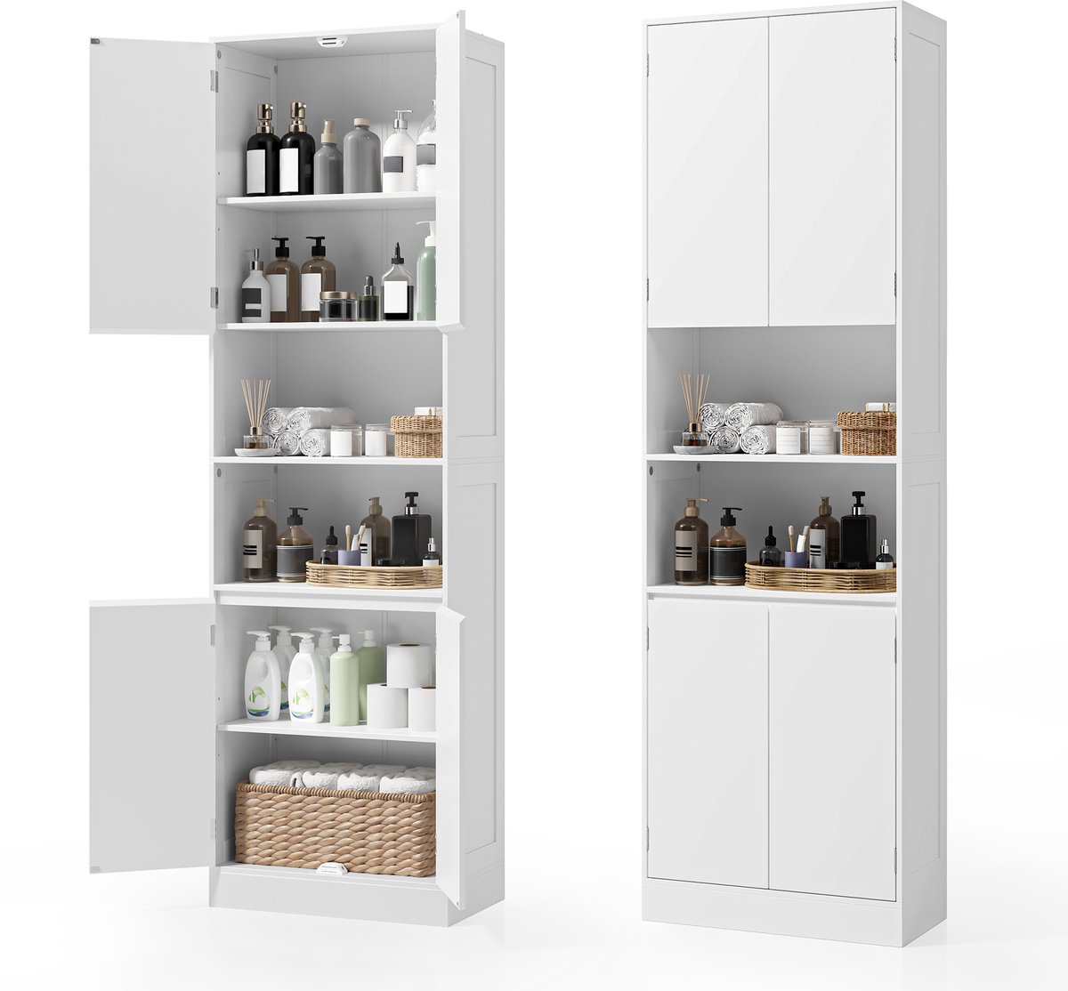 Xbro Badkamerkast met 4 Deuren – Hoge Opbergkast met Verstelbare Planken – Smalle Kast voor Badkamer, Keuken of Slaapkamer – 190 x 57 x 30 cm – Wit