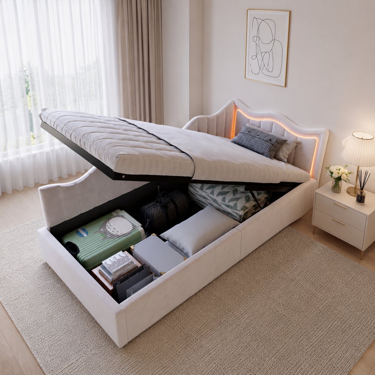 MEXUS Kinderbed 90x200cm met ledverlichting, eenpersoons slaapbank 90x200 met hydraulische opbergruimte en hoofdeinde, eenpersoons bedframe met lattenbodem, Fluwelen, Wit Beige