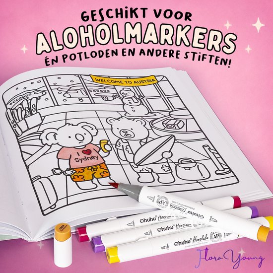 Open kleurboek met scènes in luchthaven, koala draagt T-shirt met "Sydney". Markers "Ohuhu Honolulu" op tafel.
