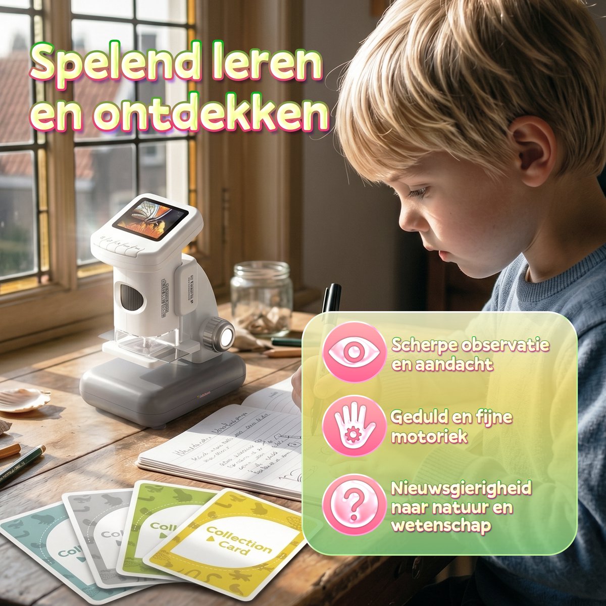 Microscoop voor Kinderen - Incl. Leerboekje + 38 Opdrachtkaarten - Digitale Kinder Microscoop 1200x met HD Scherm - Afneembare Standaard - Oplaadbaar - Handmicroscoop - Foto & Video - STEM Speelgoed — afbeelding 6