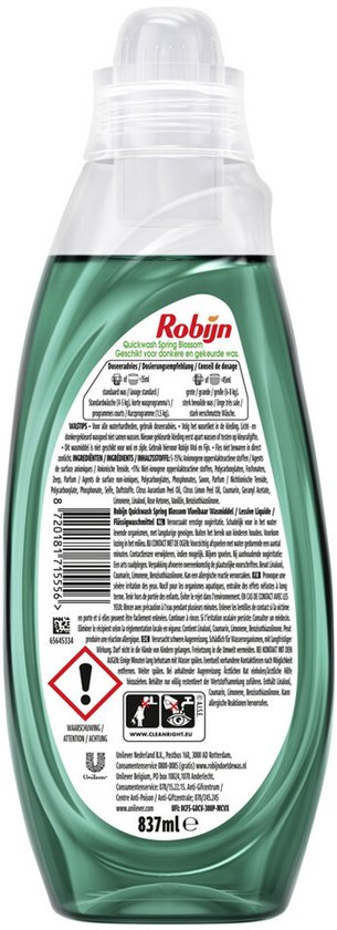 Fles wasmiddel met groene vloeistof en een label met het Robijn-logo, ingrediënten en waarschuwingen.