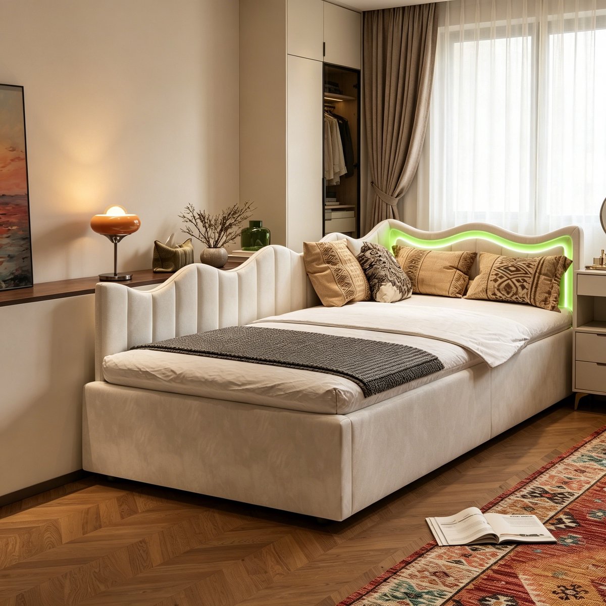 Eenpersoons gestoffeerd bed 90x200 cm met LED-verlichting en Opbergruimte - Beige Fluwelen Slaapbank met Golvend Hoofdbord, Daybed met Lattenbodem(Zonder Matras)