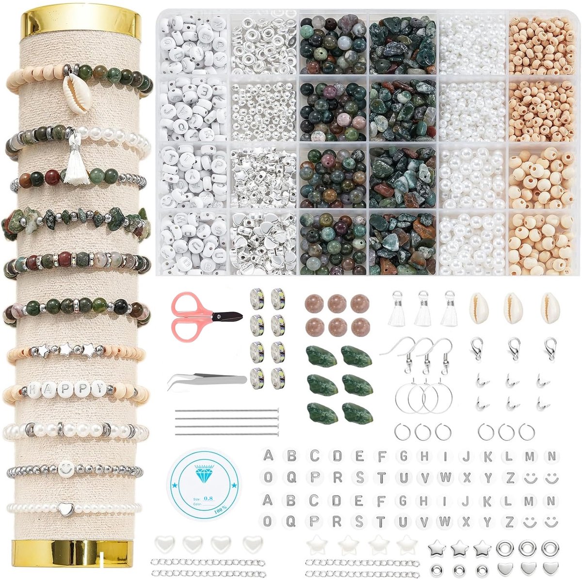 Meedeer Kralenset–Armbanden maken–Natuurstenen voor armbanden–Edelsteenkralen met gat–5-10 mm stenen kralen voor doe-het-zelf sieraden, oorbellen, knutselen（Agatekleur）
