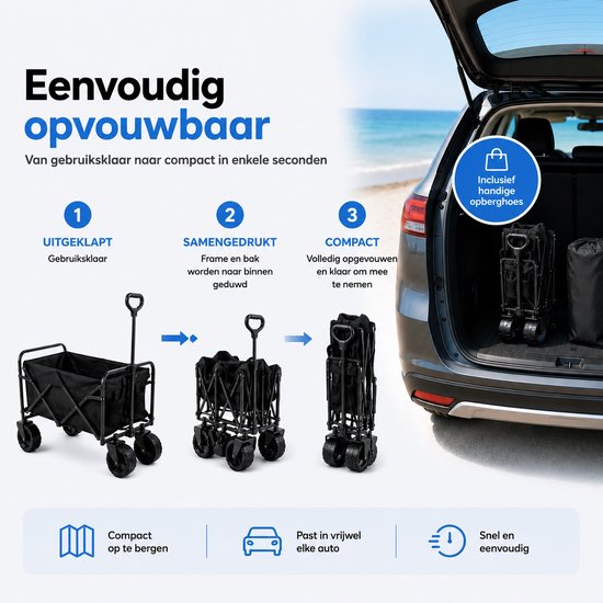Silvergear Bolderkar Opvouwbaar Strand - Bolderwagen Kinderen - Transportkar Inklapbaar - 150kg - Zwart van Merkloos — afbeelding 5