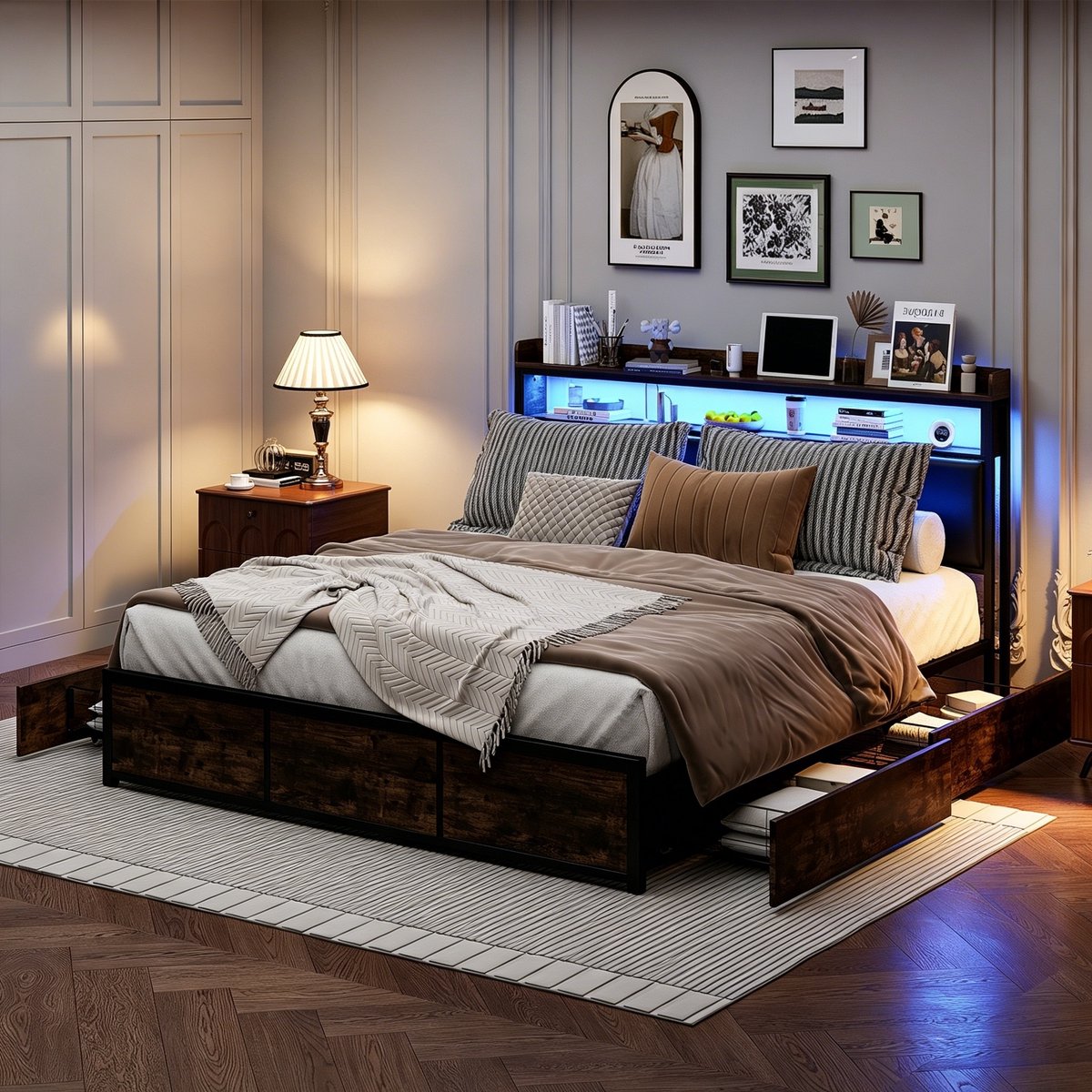 MEXUS Gestoffeerd Bed 160x200 cm met LED-verlichting en Opbergruimte - Tweepersoonsbed met 4 Laden - Metalen bedframe met Lattenbodem - PU Zwart - Zonder Matras