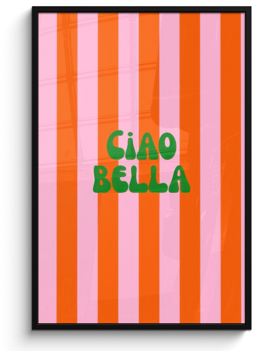 FrameYourWall Poster in lijst - Fotolijst 80x120 cm - Posters - Strepen - Oranje - Verticaal - Ciao bella - Posterlijst zwart - Decoratie - Wanddecoratie woonkamer - Muurdecoratie slaapkamer