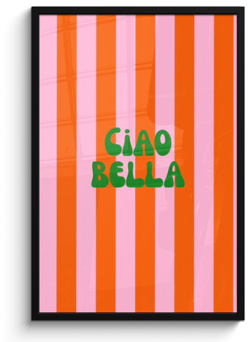 FrameYourWall Poster in lijst - Fotolijst 60x90 cm - Posters - Strepen - Oranje - Verticaal - Ciao bella - Posterlijst zwart - Decoratie - Wanddecoratie woonkamer - Muurdecoratie slaapkamer