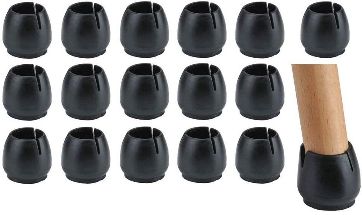Een set van 16 zwarte stoelpootbeschermers.