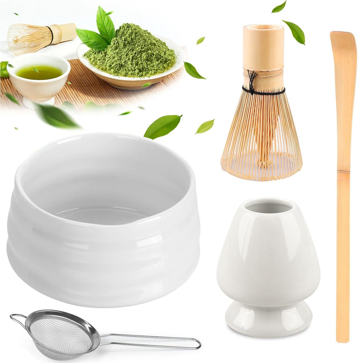 Matcha Garde Set - 5-Delige Matcha-Set - Matcha-Maakset - Matcha Cadeauset - Bamboe Chasen Garde/Keramische Theekom/Schepje/Zeef En Houder Voor Matcha Garde