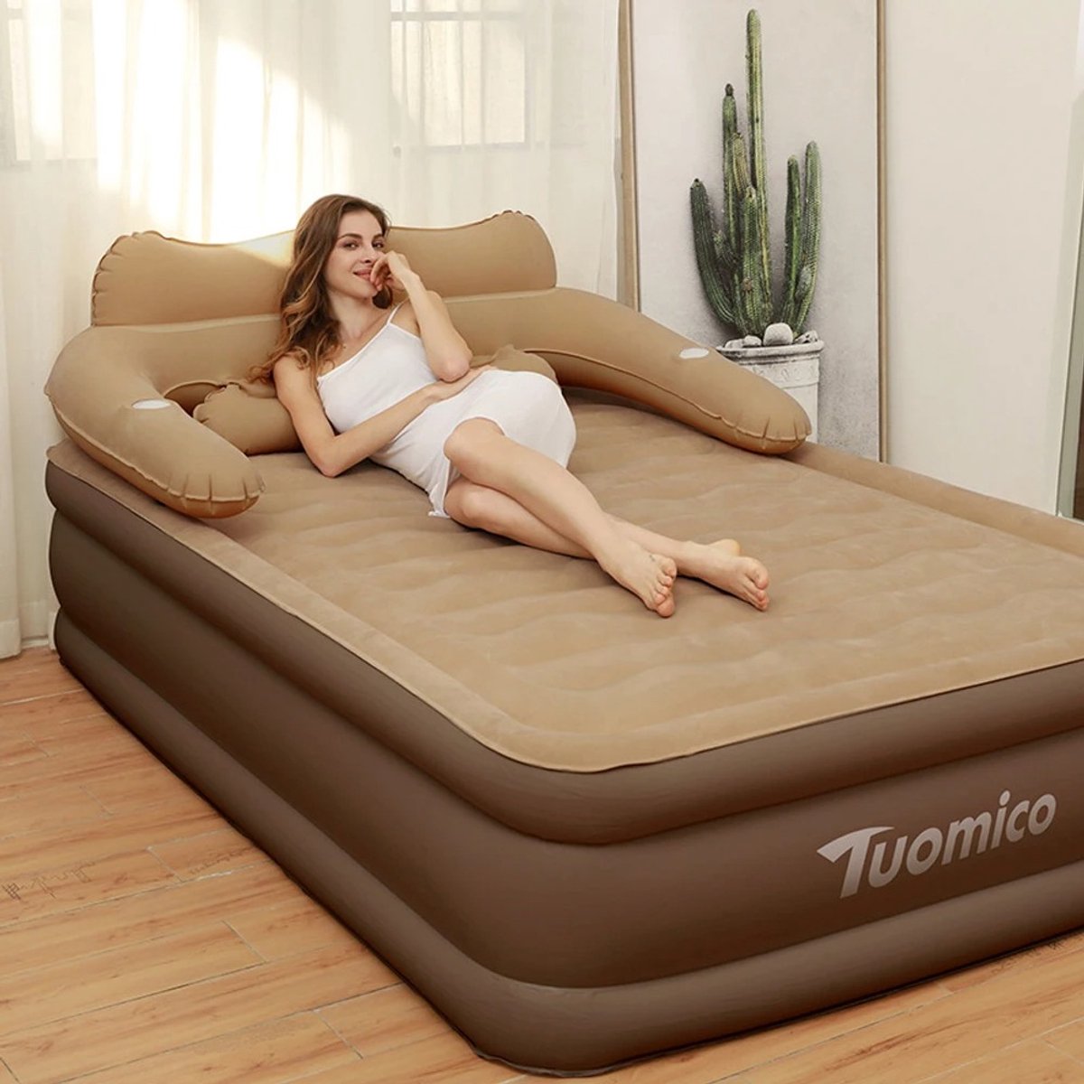 RosaBloom luxe 2-persoons opblaasbaar matras met rugleuning - 203x152x48 cm - Premium opblaasbaar bed - Inclusief elektrische pomp en kussens - Bruin