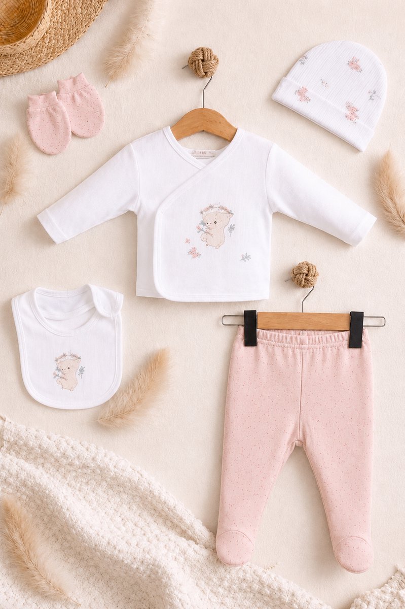 Blijeitje -Babykleding Set 5-Delig Unisex Geel/Wit – Newborn Baby Kleding met Koala – Muts, Broekje, Slabbetje & Handschoentjes – 100% Katoen – 0-3 Maanden