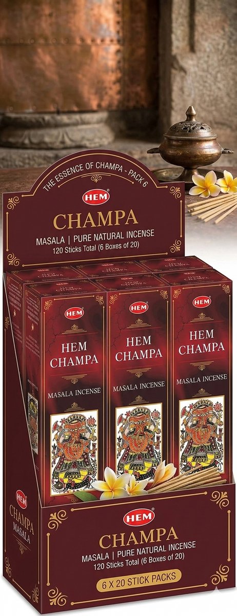 HEM Champa Masala Wierookstokjes - Pak van 6 (120 stokjes in totaal) | Natuurlijke aromatherapie voor meditatie, ontspanning, luchtzuivering en een spirituele sfeer Met Kajal Sticker