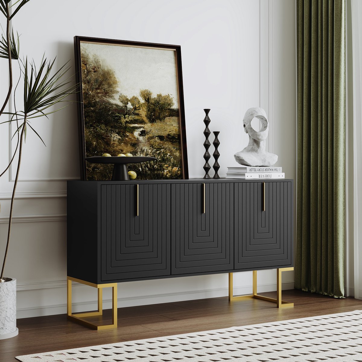 REDOM - Sideboard met 3 deuren - Verstelbare legplanken - Opbergruimte - Moderne stijl - Eetkamer - MDF en spaanplaat - Zwart - 44,6 x 52,5 cm