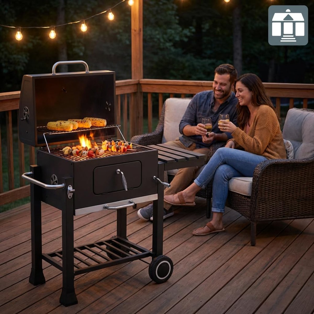 SMH LINE® BBQ houtskool XL- Smoker Barbecue - Incl. BBQ Greedschapset en 12x BBQ Spiezen - Verstelbare Kolenroosters & Inklapbare Zijtafel - Zwart thumbnail 5